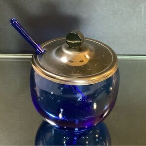 * Vintage Cobalt Blue Mustard Pot Glass Spoon Silver Tone Lid Condiment Bowl #55